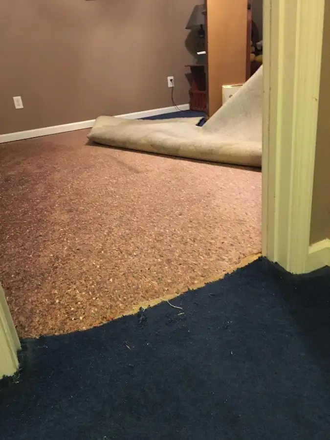 Carpet pad removal revealing water damage during Water Mitigation Services in Morrisville